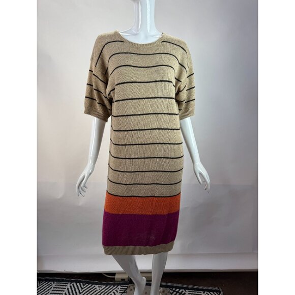 Jones New York Vintage 90s Striped Knit Sweater Dress Beige/Black W/ Orange & Pu - Picture 1 of 16